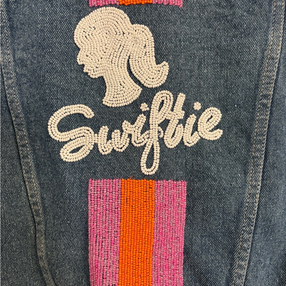 Swiftie Denim Kids Jacket with Pink and Orange Stripes - Picture 2 of 3